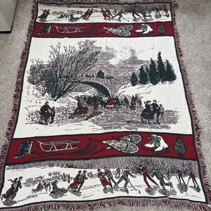 Vtg Goodwin Weavers Bridge Family Ice Skating  Throw Woven Blanket Tapestry Read